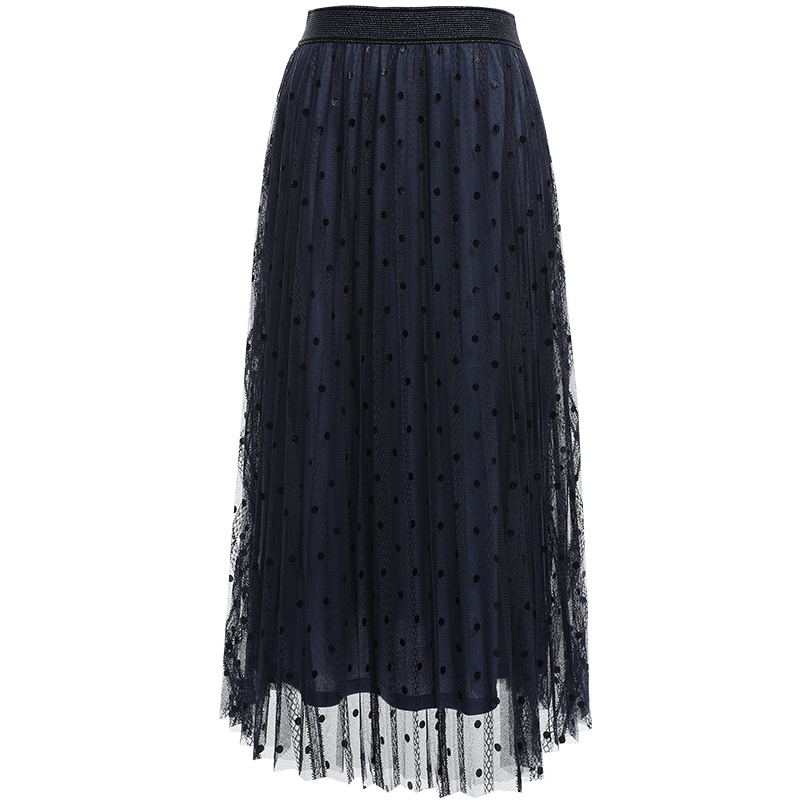 欧昵雪松紧高腰显瘦波点网纱半身裙女中长款百褶裙