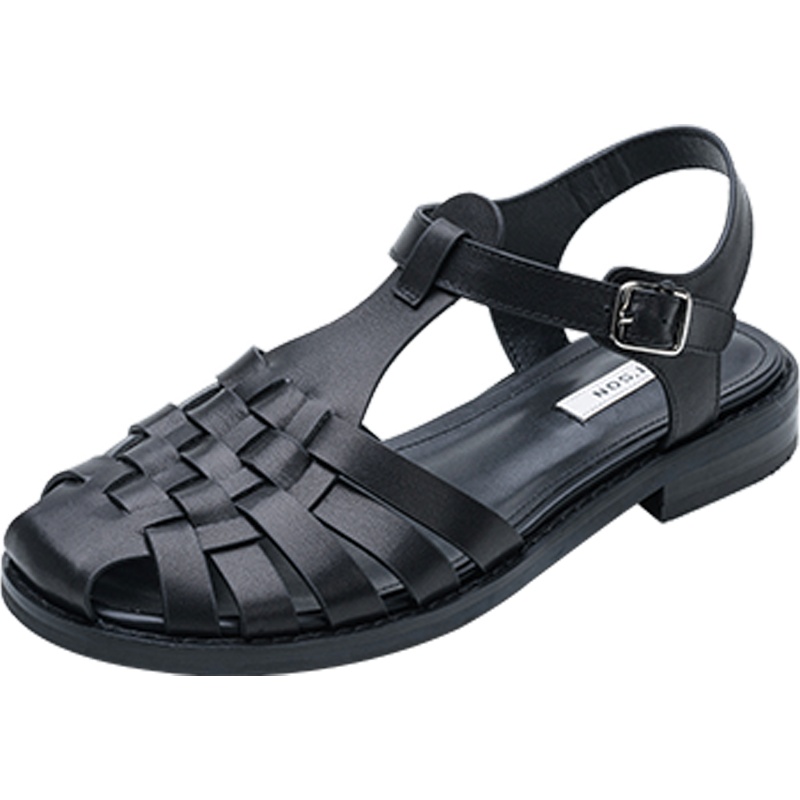 百田森2021春夏新款编织包头凉鞋女牛皮奶奶鞋舒软真皮女凉鞋