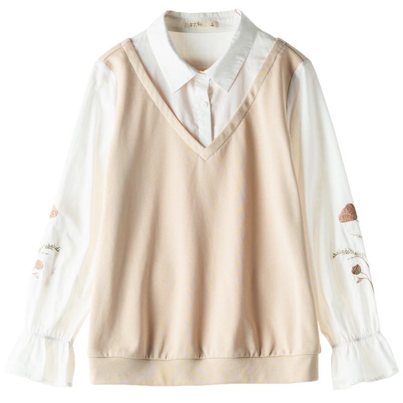 芊艺长袖假两件卫衣女2019秋装新款韩版原宿风polo领绣花小清新上衣女10686