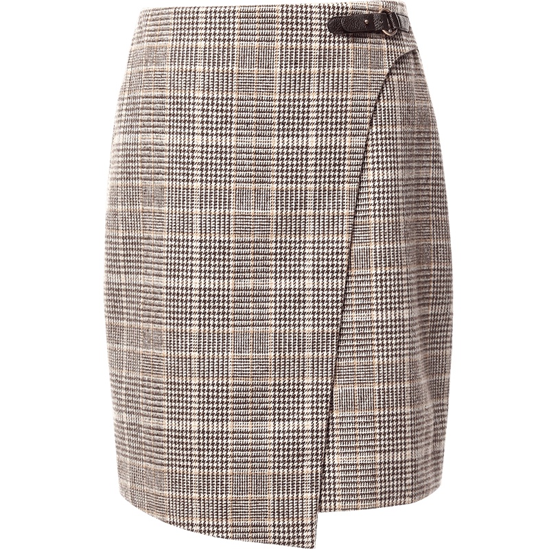 OUNIXUE欧昵雪 | 秋冬高腰皮扣格子短裙子修身显瘦百搭a字裙不规则呢子半身裙