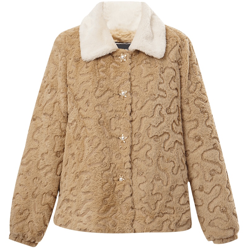 OUNIXUE欧昵雪 | [时尚仿兔毛菱形加棉外套]秋冬季撞色翻领长袖毛茸茸上衣女