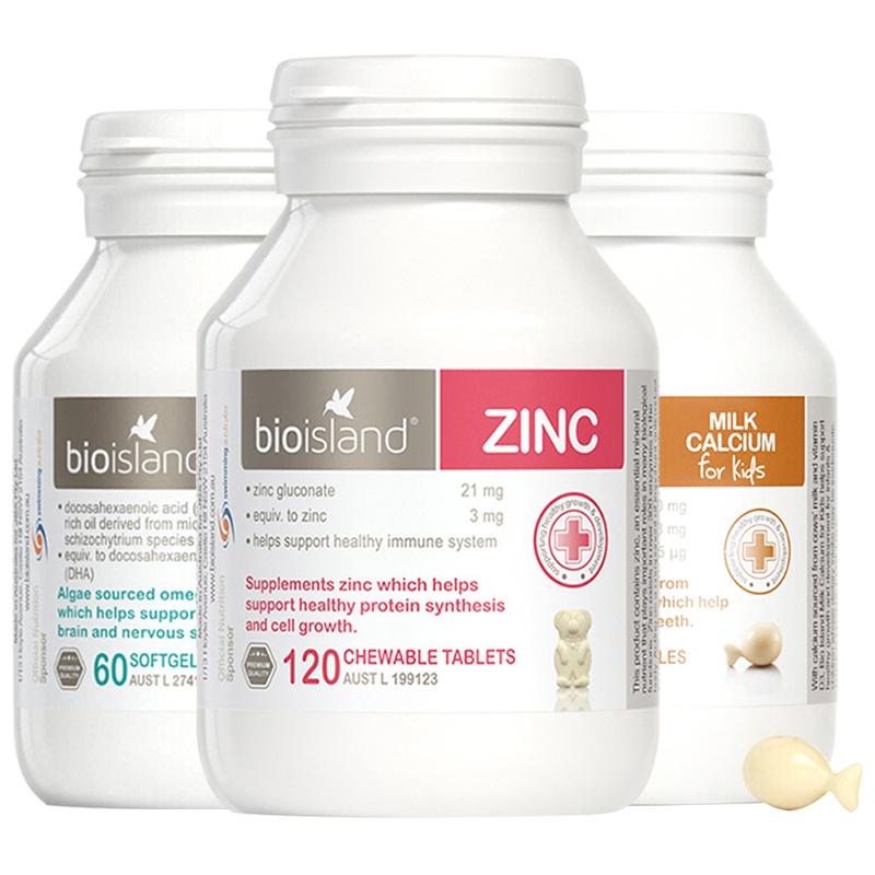 3件装|Bio Island佰澳朗德婴幼儿液体乳钙90粒+海藻油DHA60粒+补锌咀嚼片120粒组合装 澳洲进口