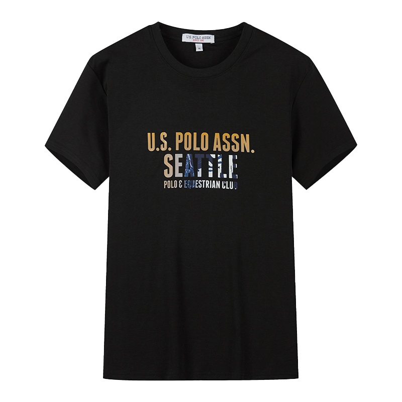 USPOLO ASSN（100%棉）夏季新款男士短袖T恤衫印花英文运动休闲时尚潮牌简约圆领宽松上衣