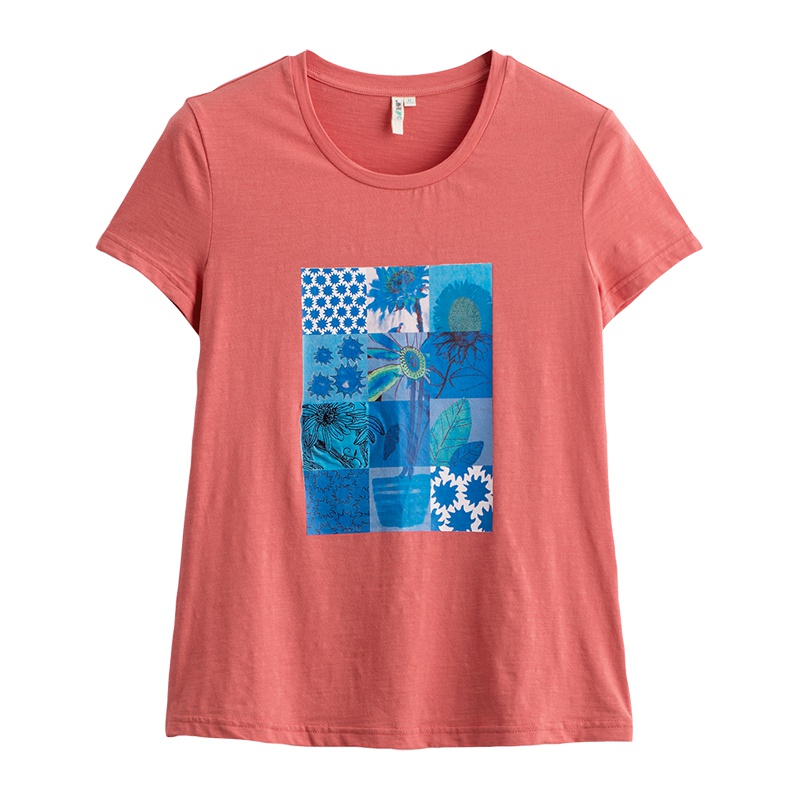 茵曼夏装弹性棉修身小清新印花圆领短袖T恤上衣女式短款