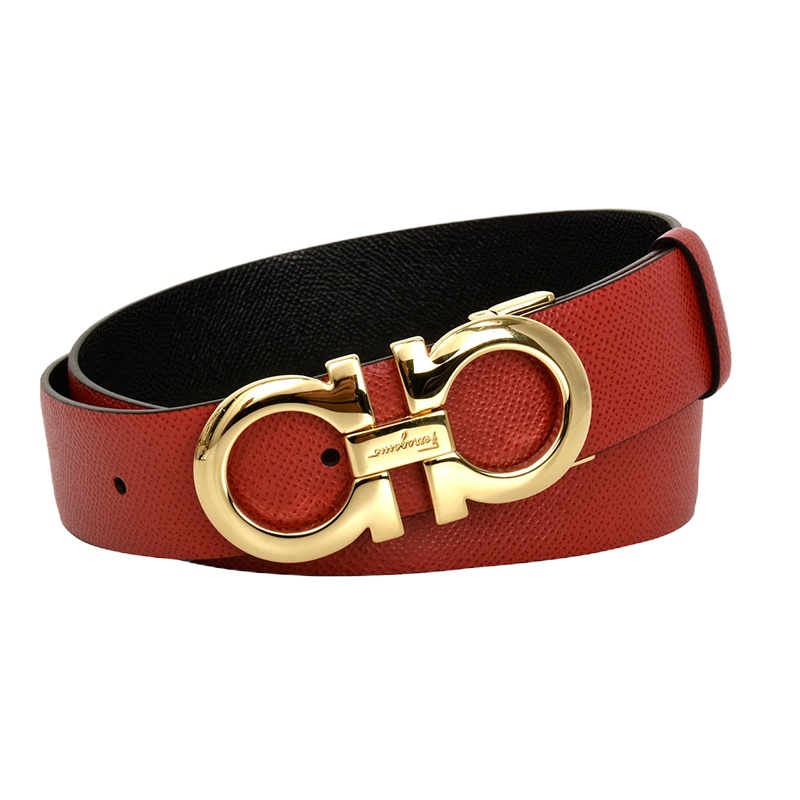 [畅享]Salvatore Ferragamo 菲拉格慕 女士红色牛皮荔枝纹金扣双面可调式GANCINI腰带 100