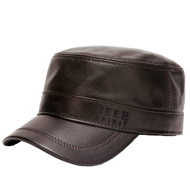 JEEP吉普平顶帽羊皮真皮帽男军帽加厚中老年人冬天爸爸保暖休闲帽子