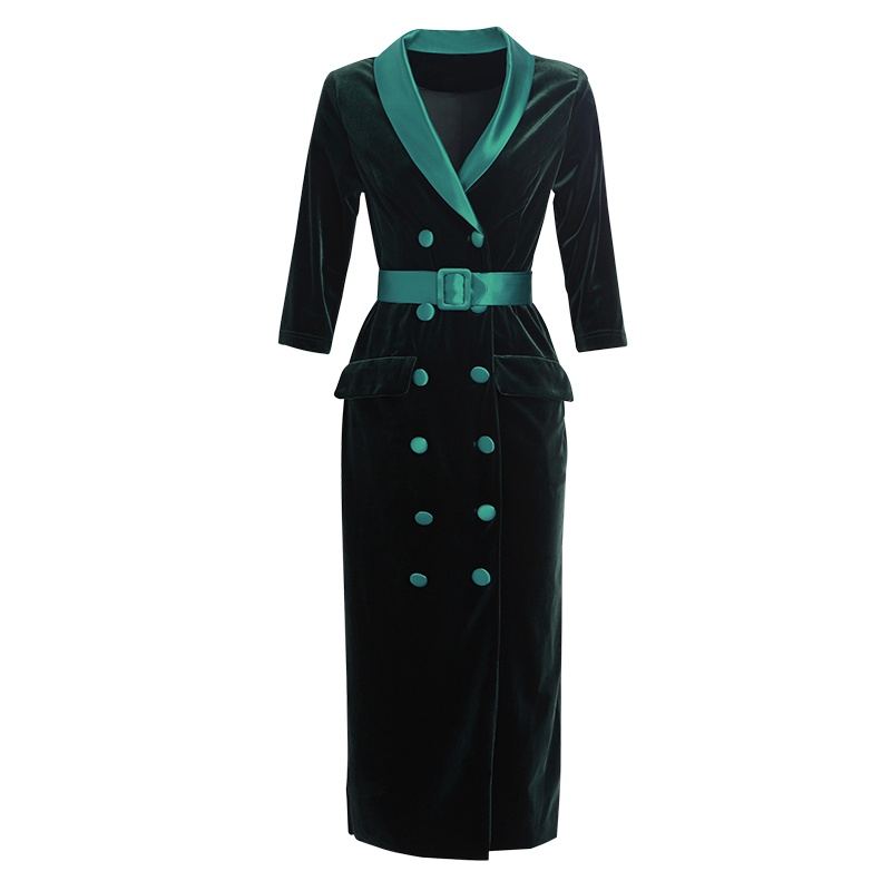 晩白 新品复古丝绒翻领收腰显瘦双排扣长款包臀裙连衣裙女