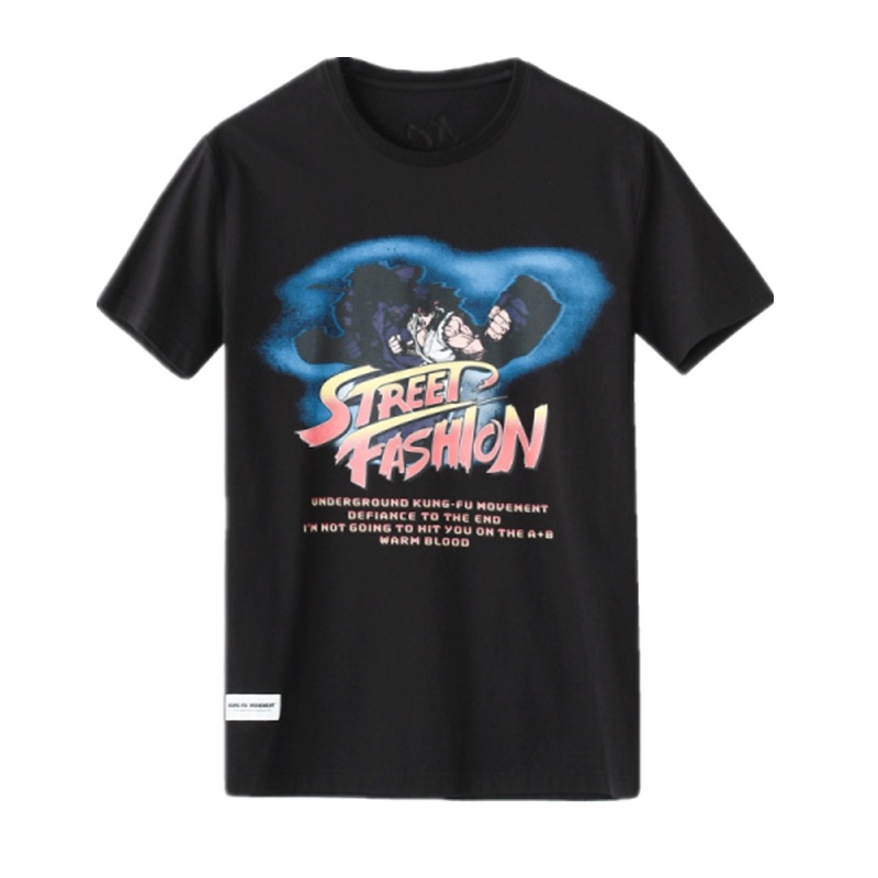 马克华菲男士T恤秋季潮流卡通动漫印花全棉短袖黑色上衣