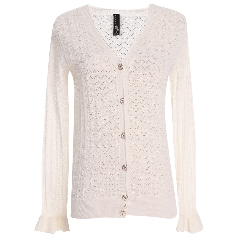 欧昵雪喇叭袖波浪纹镂空针织衫女长袖短款空调衫