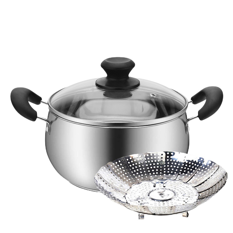不锈钢奶锅煮热牛奶锅家用小锅泡面小煮锅汤锅宝宝婴儿辅食锅 双柄20cm+蒸盘器