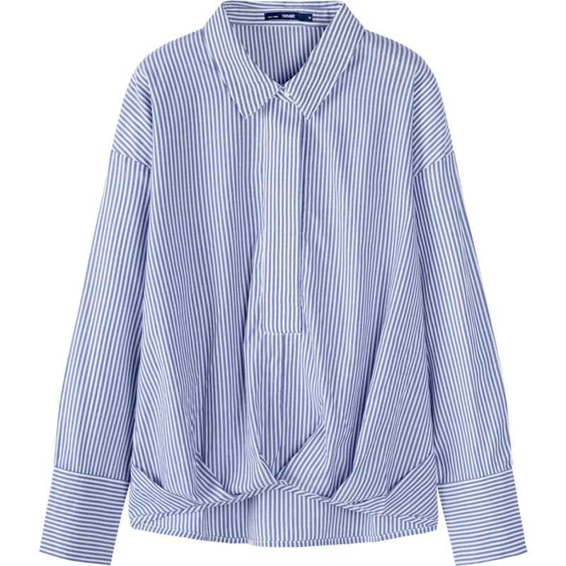 Semir森马长袖衬衫女2019秋季新款翻领设计感条纹衬衣不规则上衣