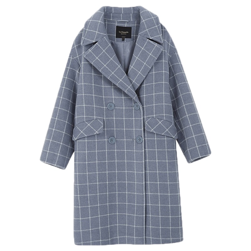 拉夏贝尔格子毛呢大衣女士冬季韩版羊毛外衣中长呢子外套