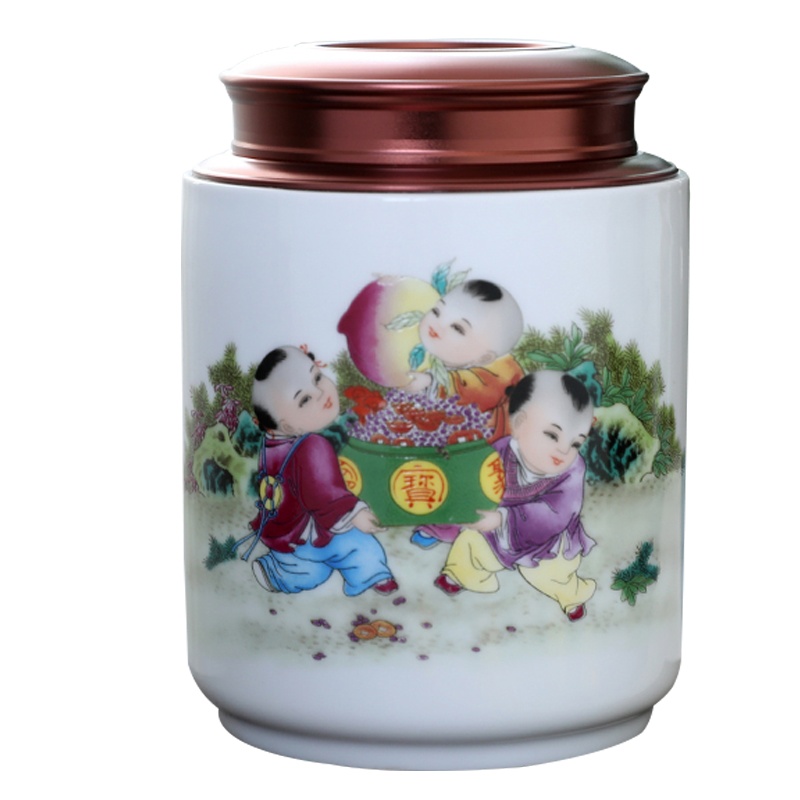 LICHEN 景德镇茶叶罐陶瓷密封储物干坚果罐子中草药防潮防虫带盖罐直筒款双层金属盖子 童趣
