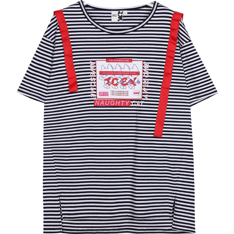 a02新款学院风条纹织带印花前短后长T恤女DTU2D1061KT