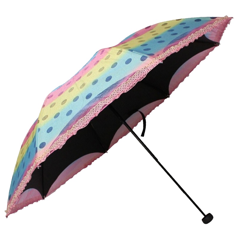 天堂伞 七彩霓虹彩虹纱拼裙边黑胶双层三折晴雨伞太阳伞 紫绿蓝 33074E