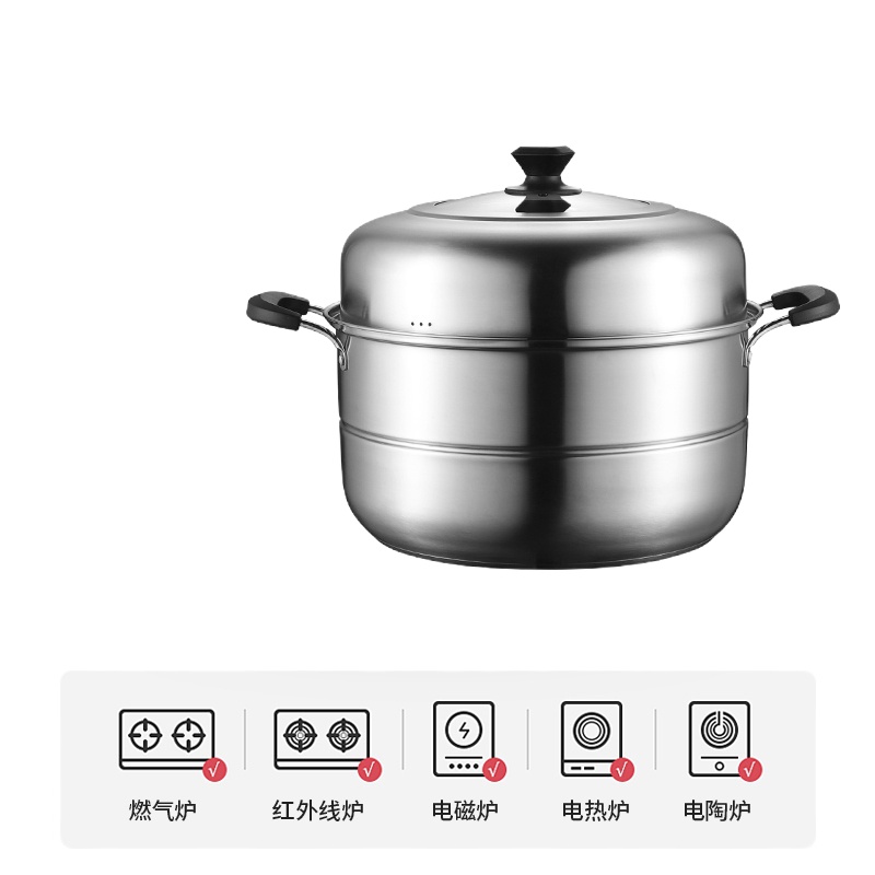 封后蒸锅大号304不锈钢34 36 38 40CM家用加厚双三四层蒸笼蒸煮煤气灶 SUS304蒸锅38CM双层特厚底6m