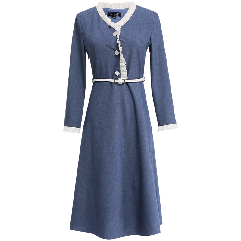 欧昵雪气质淑女木耳边V领九分袖高腰连衣裙女中裙