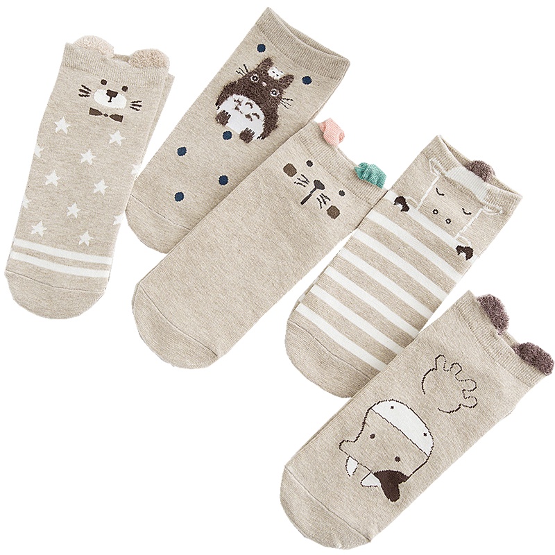都市丽人5双装 森系萌趣可爱卡通动物图案棉质袜子女2C9213