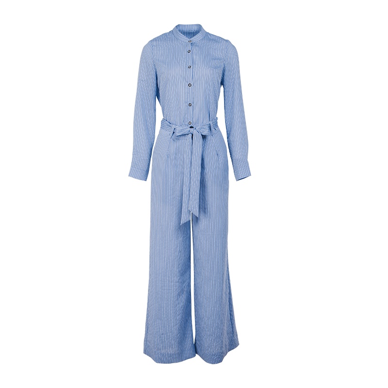 晚白2021春季新品条纹显瘦衬衫上衣高腰系带阔腿裤长裤时尚套装女