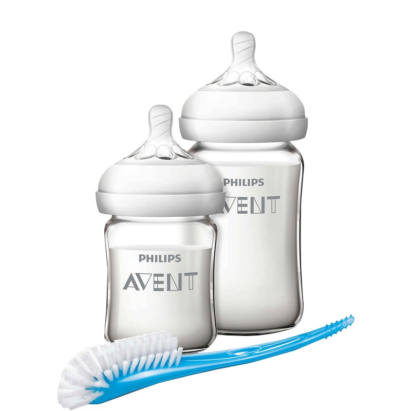 飞利浦 AVENT 新安怡宽口径自然顺畅玻璃奶瓶N生儿套装 125ML+240ML+奶瓶及奶嘴刷 SCF679/73
