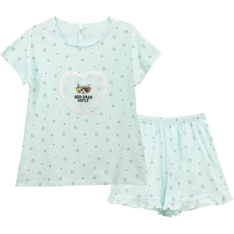 红豆居家(Hodohome)夏季女式短袖少女风卡通睡衣女士纯棉甜美休闲风家居服套装