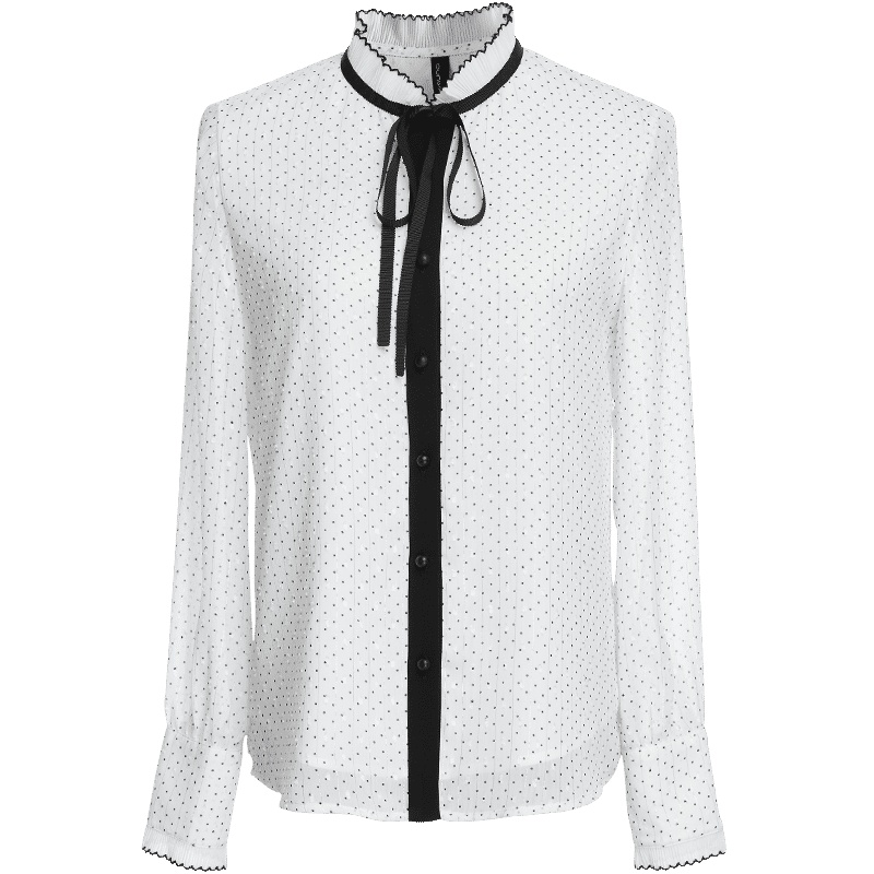 欧昵雪蝴蝶结压褶立领衬衫女长袖波点雪纺衫上衣
