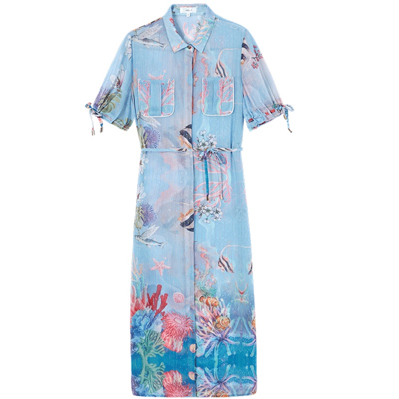 马克华菲女装2019夏新款中长款短袖印花开边连衣裙