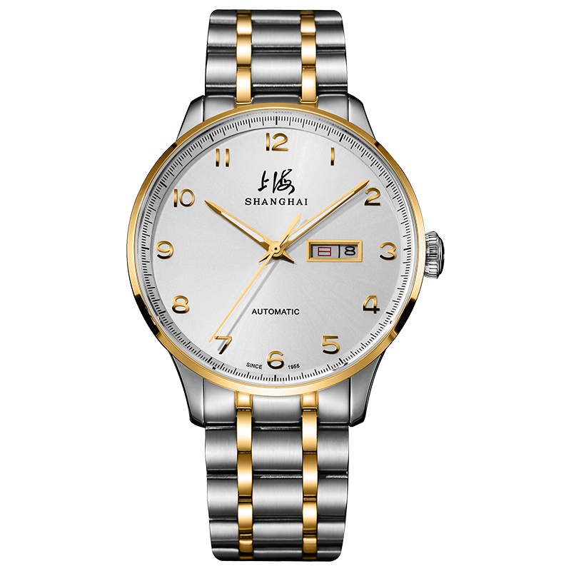 上海手表上海牌手表男士三针日历系列全自动机械表男表精钢钢带透底机芯潮流时尚商务双历男表机械表男SH-3013