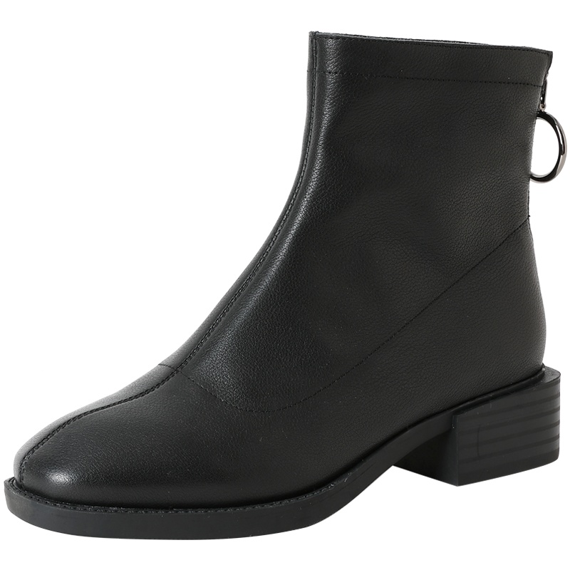 百田森漆皮短靴女冬季后拉链靴子女秋款粗跟圆头时装靴