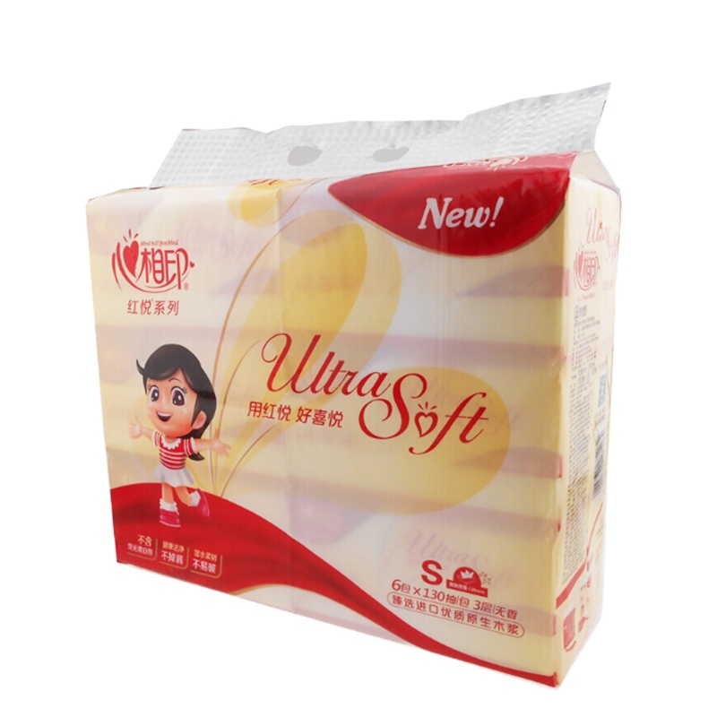 心相印抽纸红悦系列软抽面巾纸3层130抽/6包/提 24包/箱 单位:提