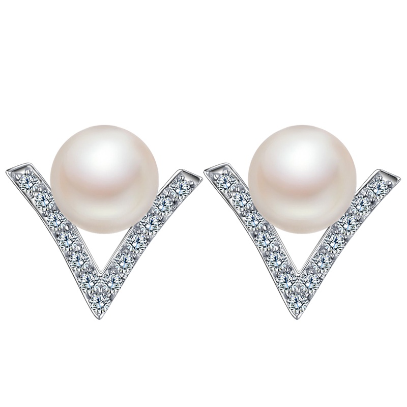 佰色传情(BRIR) 明星同款送女友时尚气质V型字母S925纯银耳钉女白色淡水珍珠耳饰情人节生日礼物韩版时尚百搭耳环