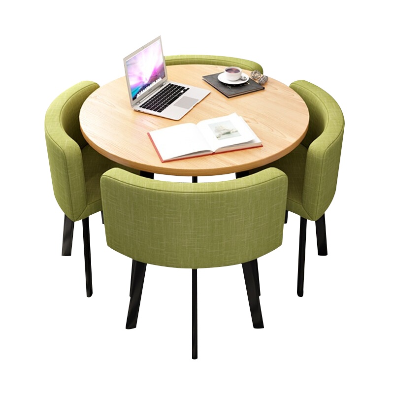 尔迈 洽谈桌椅组合小圆桌休闲桌椅店铺接待桌椅 一桌四椅+绿色(布椅)原木圆桌