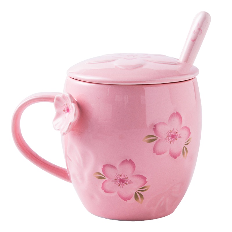 亿嘉IJARL 创意尚花马克杯带盖勺情侣立体水杯子陶瓷杯简约牛奶咖啡杯办公室 樱花杯系列