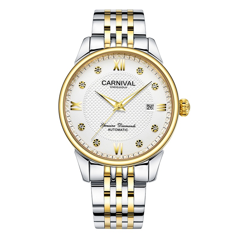 瑞士嘉年华CARNIVAL男表 全自动机械表 男士背透夜光防水手表 商务时尚休闲镶水钻腕表 机械表精钢表带8605-KH