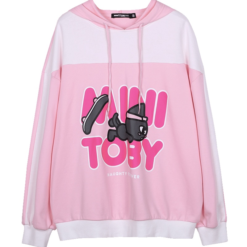 a02新款2020减龄少女卡通印花撞色拼接连帽卫衣女DTV1A0821KT