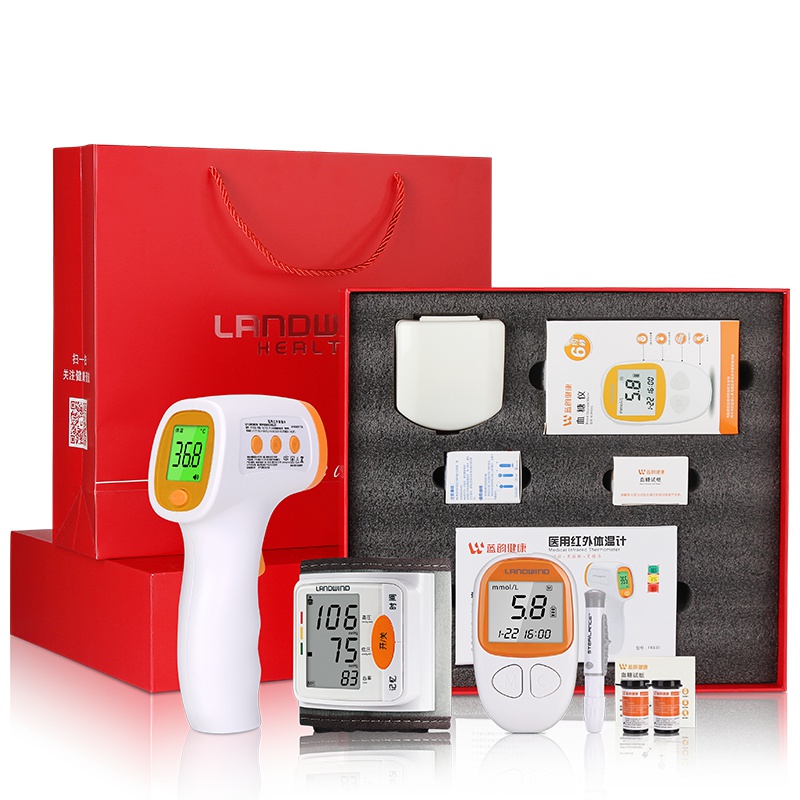 蓝韵 手腕式电子血压计血糖测试仪红外体温计温度计健康礼盒三件套 节日送长辈送父母礼物