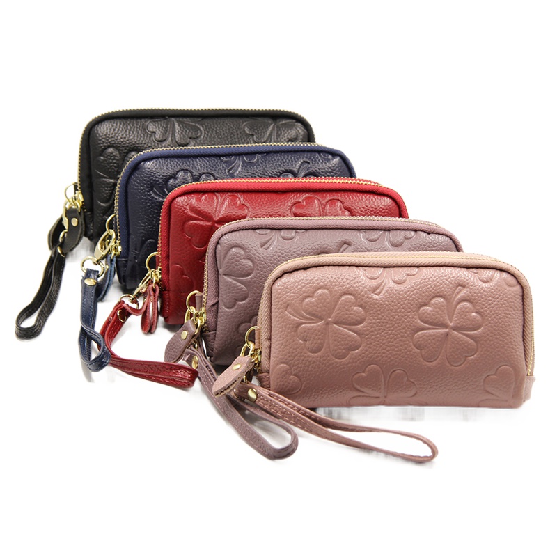 新款四叶草压花双拉链头层牛皮女士手拿包长款真皮钱包钱夹女