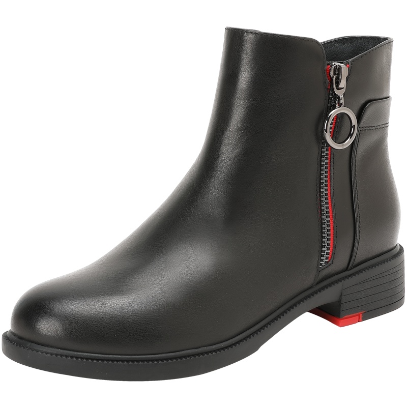 百田森女短靴真牛皮冬季新款圆头粗跟侧拉链网红靴子女百搭