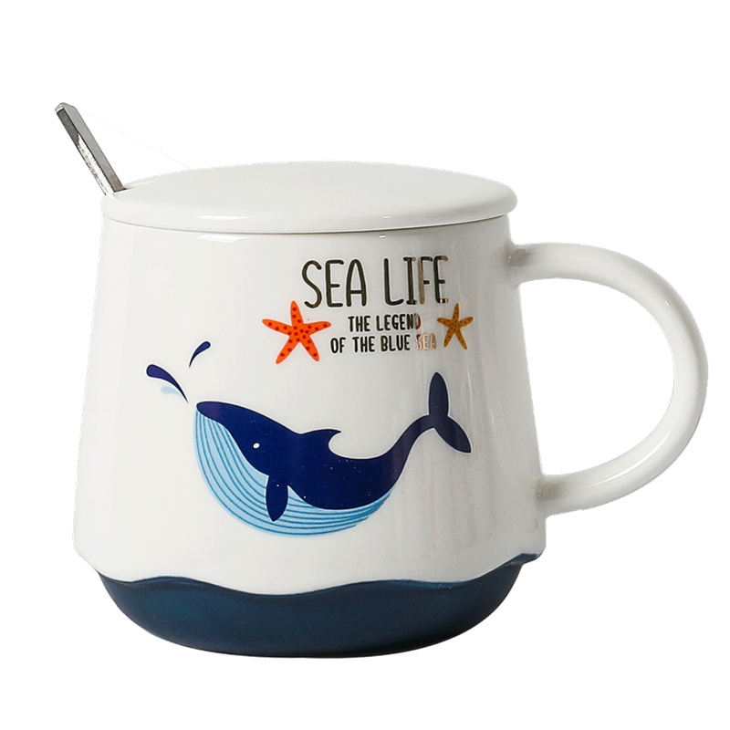 海洋卡通鲸鱼带盖勺陶瓷创意潮流家用牛奶杯陶瓷杯子马克杯水杯