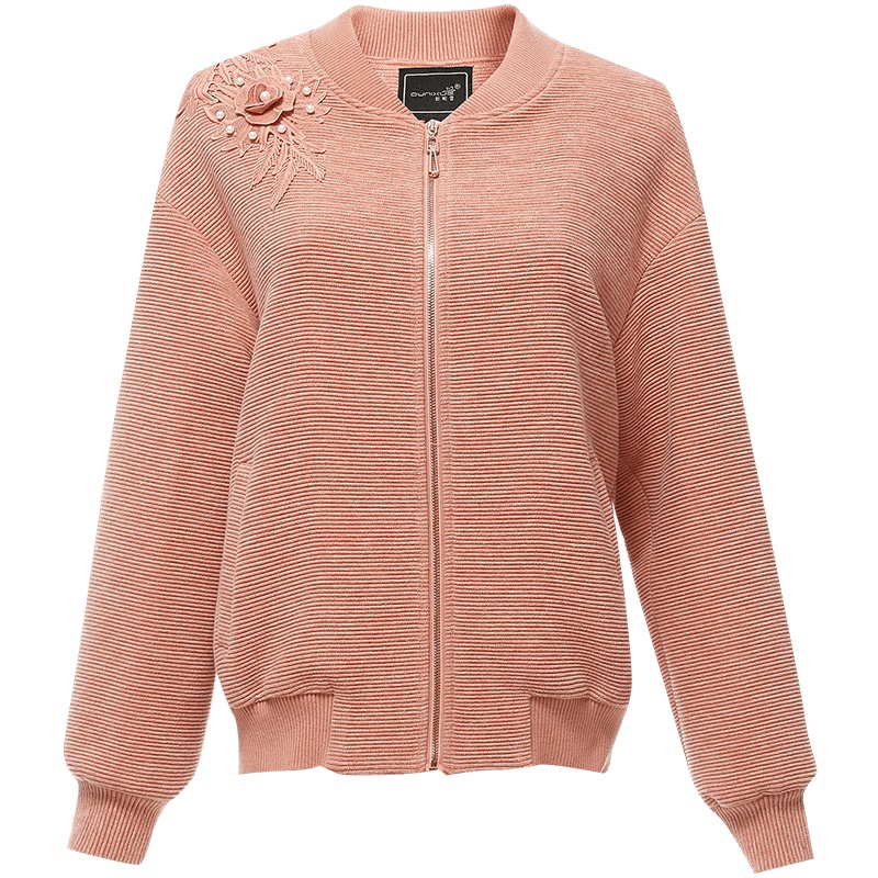 欧昵雪秋冬季立体绣花钉珠拉链棒球服女长袖宽松短外套