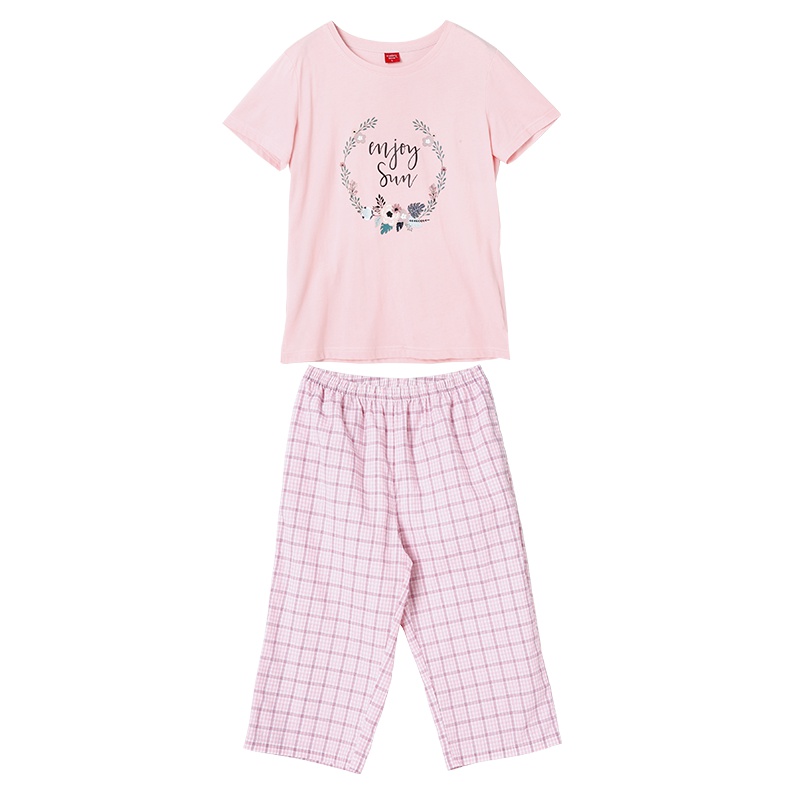 雪仙丽新款棉质女式夏季睡衣印花运动休闲纯棉家居服七分短裤套装