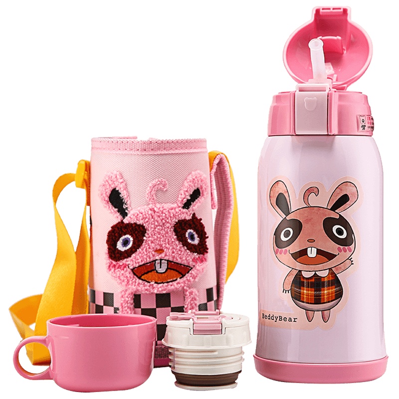 (免费刻字)韩国杯具熊BEDDYBEAR正品儿童保温杯316不锈钢带吸管两用水壶男女学生婴儿杯子630ml保温用品双盖兔