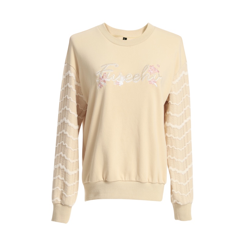 欧昵雪秋冬字母绣花圆领套头宽松卫衣女蕾丝拼接长袖上衣