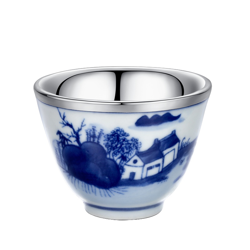 银斯妮 银茶杯999纯银家用 主人杯单杯功夫银茶具 手工青花包银杯 建盏品杯 茶碗