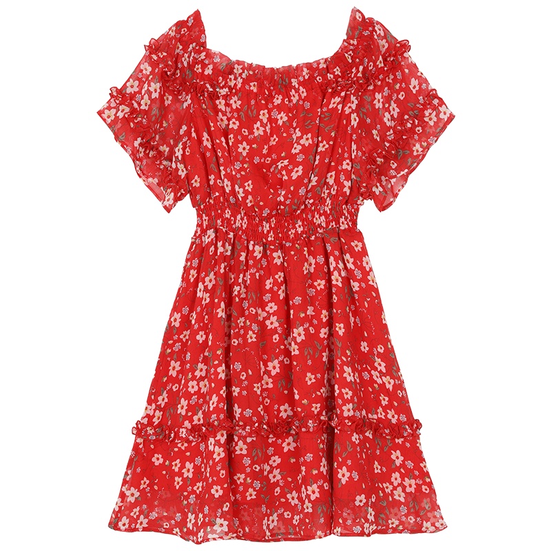妖精的口袋一字肩碎花连衣裙2019夏新款女露肩红色a字法式