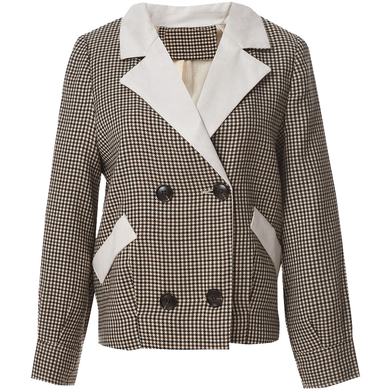 欧昵雪2021秋装新款英伦风ins西装领格子短外套女显瘦长袖夹克