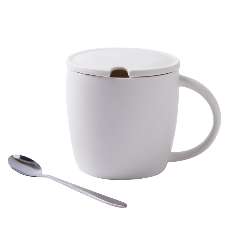瓷魂 创意礼品陶瓷马克杯情侣咖啡杯牛奶杯办公杯带盖带勺水杯子 亚光白12oz