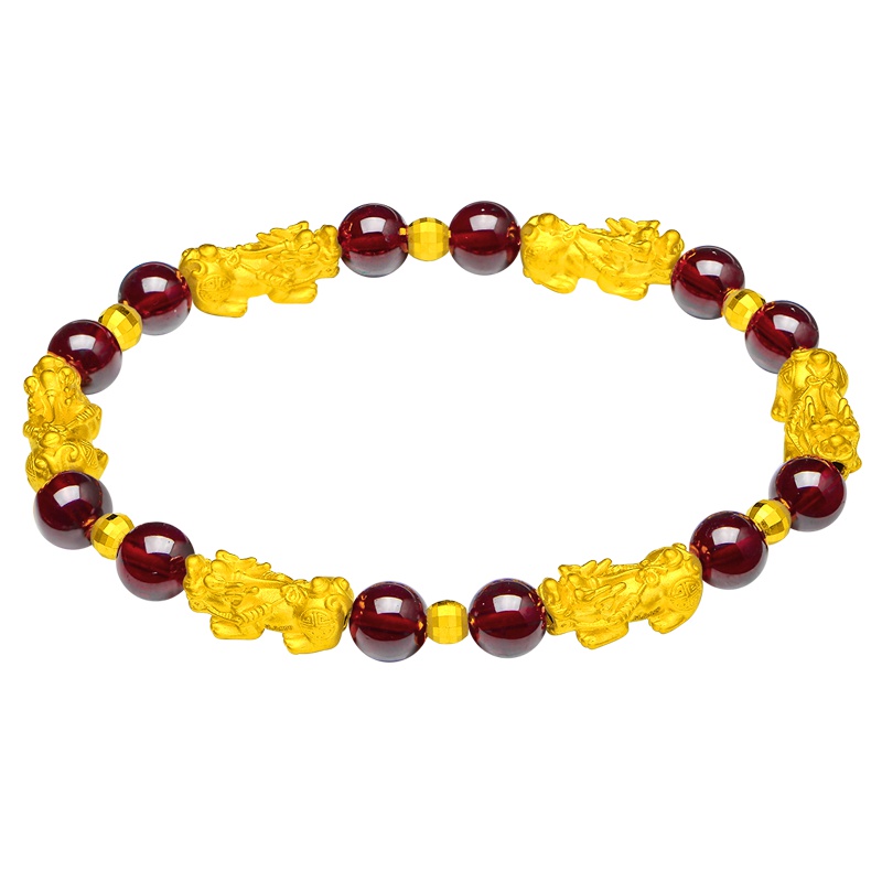 蒂蔻 六六大顺貔貅黄金手链女款本命年足金石榴石手串3D硬金饰品生日礼物送女友
