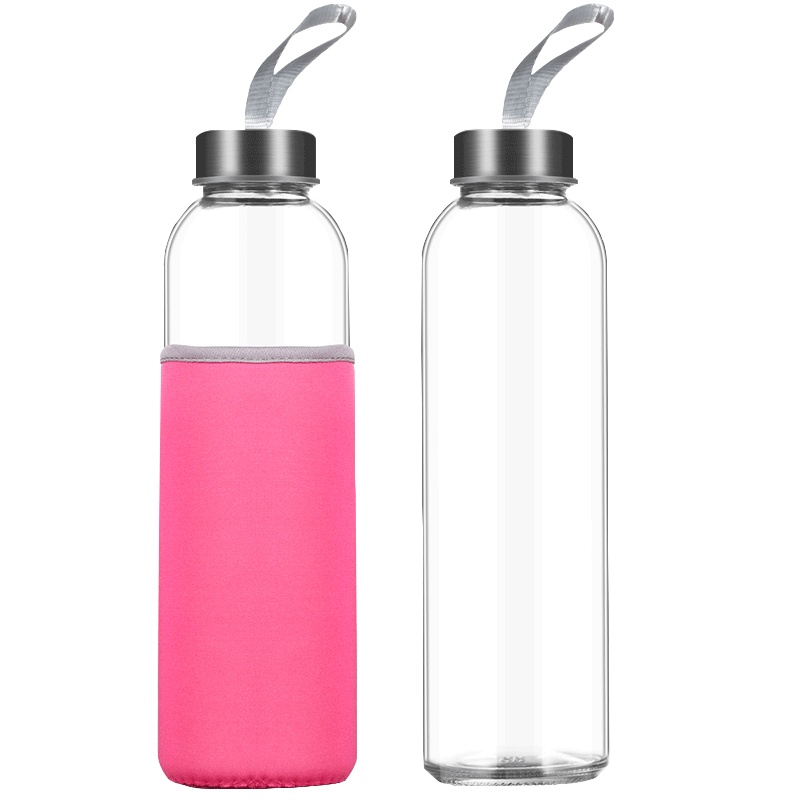 邦禾 玻璃杯透明水杯便携大容量带杯套创意隔热带盖防摔家用泡茶杯【500ml(送粉色防摔隔热杯套)】