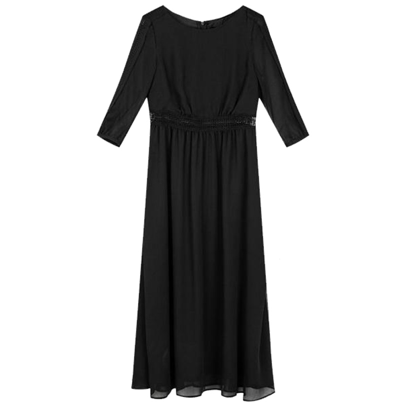 【热卖】雪纺连衣裙女中长款高腰修身秋新款时尚女神范收腰黑色裙子30081041